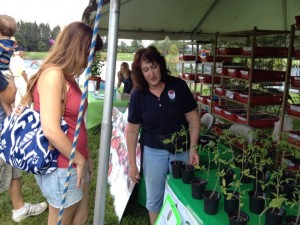 Event leader Marsha Eisenberg talks tomato with a customer. Marsha and other club members were sporting the new PGC polo shirts and club logo